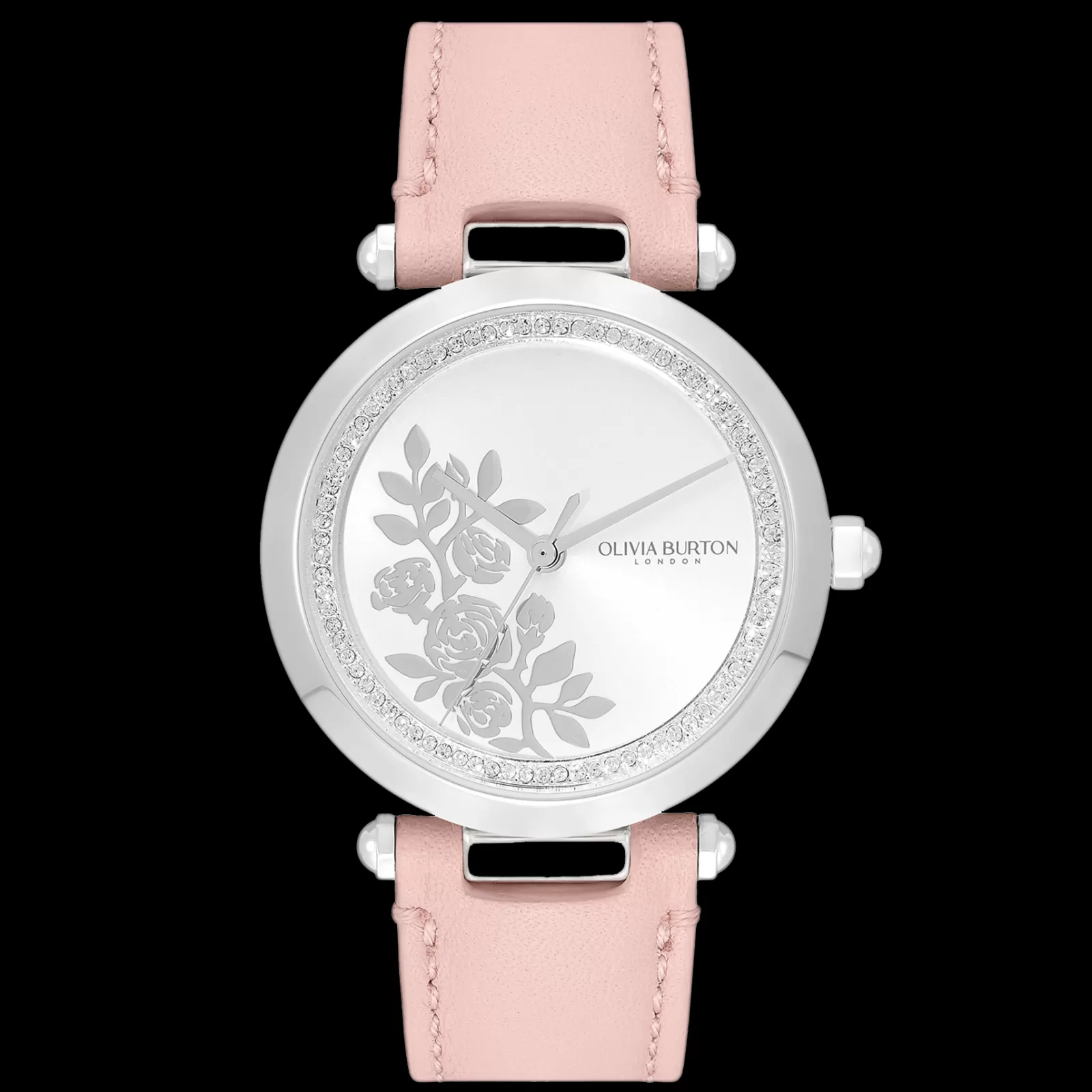 Relogio Floral T-Bar Aco E Cristais E Pele Rosa-Olivia Burton Fashion