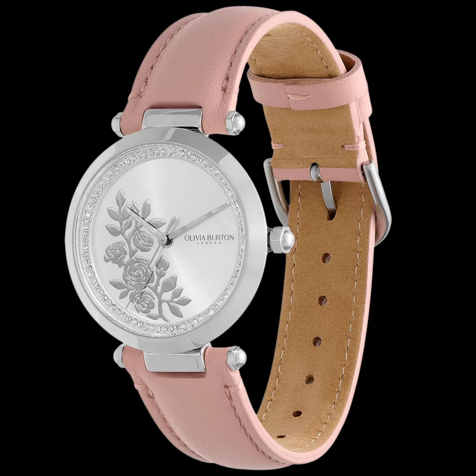 Relogio Floral T-Bar Aco E Cristais E Pele Rosa-Olivia Burton Fashion