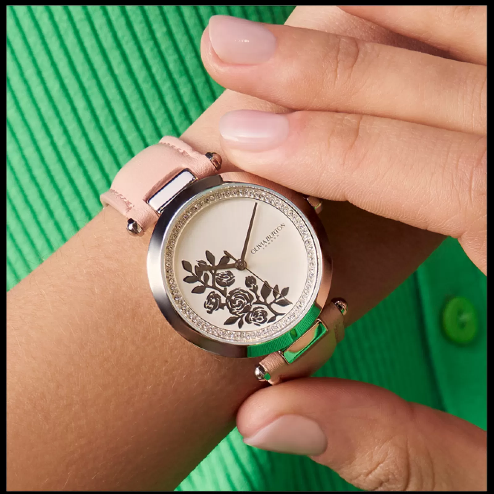 Relogio Floral T-Bar Aco E Cristais E Pele Rosa-Olivia Burton Fashion