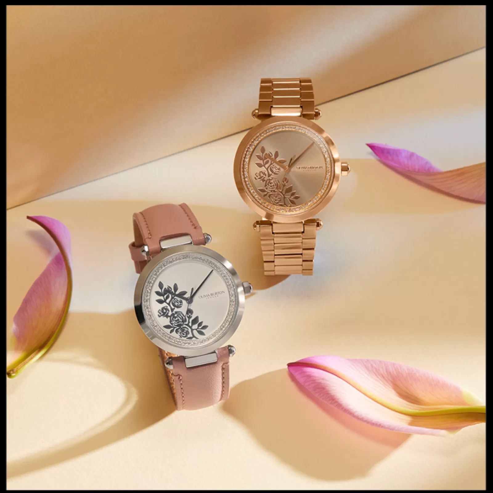 Relogio Floral T-Bar Aco E Cristais E Pele Rosa-Olivia Burton Fashion