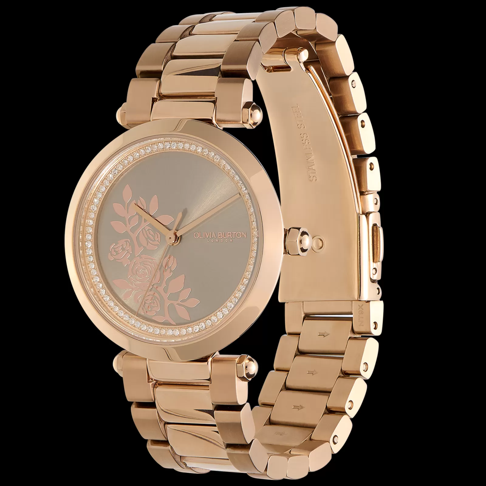 Relogio Floral T-Bar Aco Ip Dou. Rosa E Cristais-Olivia Burton New